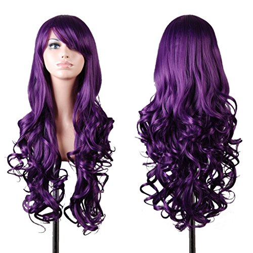 EmaxDesign de las pelucas 80cm calidad de alta largo completo de las mujeres pelo rizado pelo ondulado mechas prueba calor con pelo rulos libre peluca peine(color:morado oscuro)