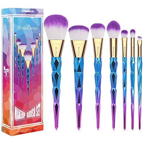 EmaxDesign Juego de brochas de maquillaje 7 piezas Colorful Diamond Patterned con forma de juego de brochas profesional de maquillaje con mango maquillaje, Base de maquillaje, polvos, crema