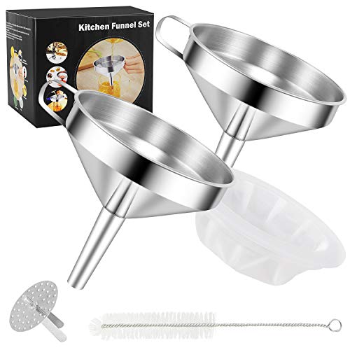 Embudo de acero Inoxidable,Set de Embudos de Cocina con Mango + Colador Desmontable + 300 filtros de malla para filtrar líquidos, Ingredientes Secos, Polvo
