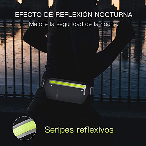 EMIUP Riñonera Running Deportiva,Riñonera Cinturón Running Impermeable Bolsillos con Cierre Cremallera,Tiras Reflectantes y Tiras Ajustables para Deportes al Aire Libre(Negro)