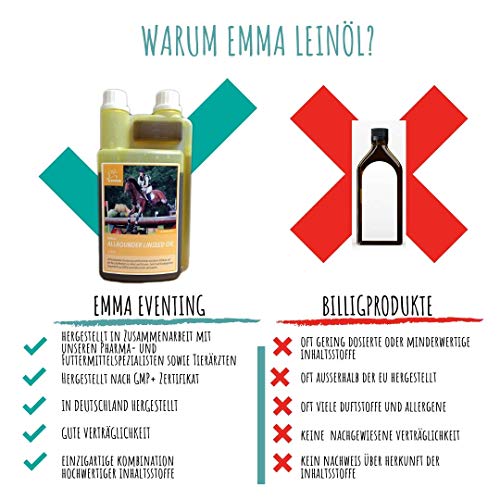 EMMA ♥ Aceite de linaza para Caballos pienso para Caballos complemento alimenticio I ácidos grasos Omega 3-6 en Aceite I prensado en frío I vitaminas A, D y E I para Pelo Brillante y energía 1 litro