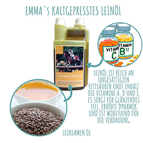 EMMA ♥ Aceite de linaza para Caballos pienso para Caballos complemento alimenticio I ácidos grasos Omega 3-6 en Aceite I prensado en frío I vitaminas A, D y E I para Pelo Brillante y energía 1 litro