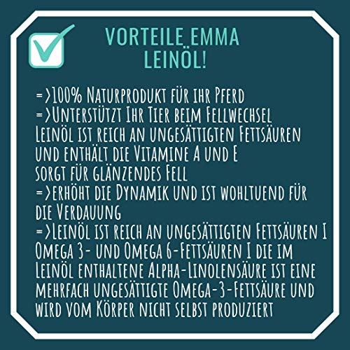 EMMA ♥ Aceite de linaza para Caballos pienso para Caballos complemento alimenticio I ácidos grasos Omega 3-6 en Aceite I prensado en frío I vitaminas A, D y E I para Pelo Brillante y energía 1 litro