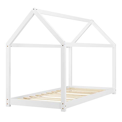 [en.casa] Cama para niños de Madera Pino 206x98x142cm Cama Infantil Forma de casa Blanco Mate