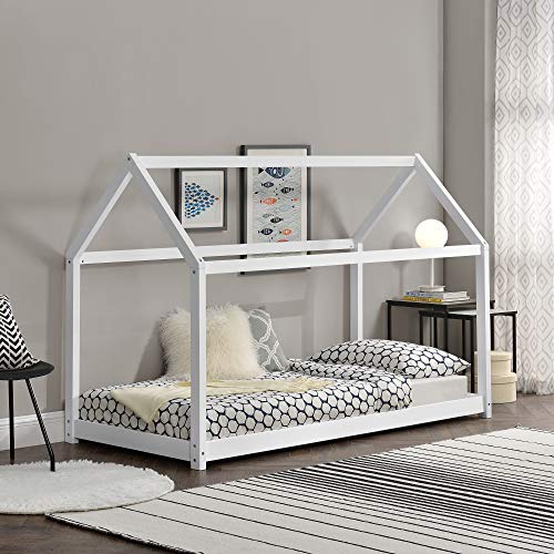 [en.casa] Cama para niños de Madera Pino 206x98x142cm Cama Infantil Forma de casa Blanco Mate