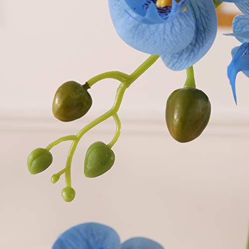 ENCOFT Flores Artificiales Plástico Flor de Phalaenopsis Realista Orquídea Mariposa con Maceta Imitación Cerámica Decoración (Azul (M))