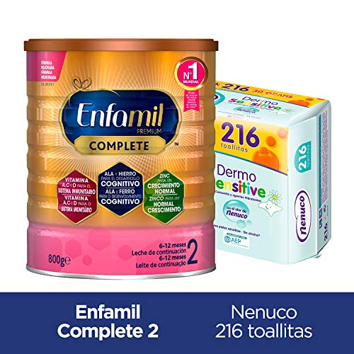 Enfamil Complete 2 Leche Infantil de Continuacion para Lactantes Bebés de 6 a 12 Meses - 800 gr + Nenuco Dermosensitive - Toallitas bebé para Pieles Sensibles, Sin Alcohol - 216 unidades