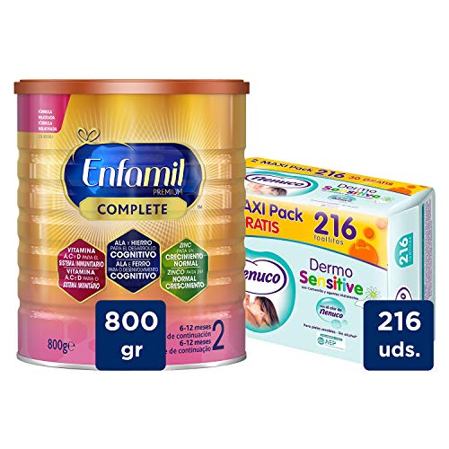 Enfamil Complete 2 Leche Infantil de Continuacion para Lactantes Bebés de 6 a 12 Meses - 800 gr + Nenuco Dermosensitive - Toallitas bebé para Pieles Sensibles, Sin Alcohol - 216 unidades