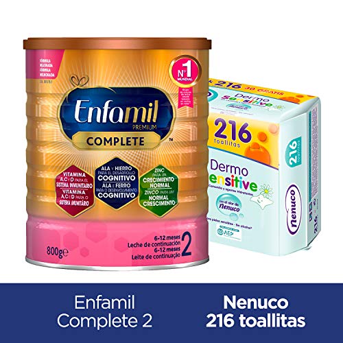 Enfamil Complete 2 Leche Infantil de Continuacion para Lactantes Bebés de 6 a 12 Meses - 800 gr + Nenuco Dermosensitive - Toallitas bebé para Pieles Sensibles, Sin Alcohol - 216 unidades