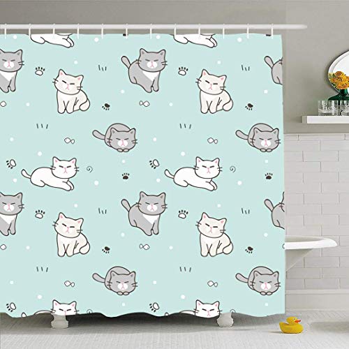 EnvyPet Shower Curtain Set with Hooks Pattern Kitten Wall Seamless Textile Baby Cute Decor Animal Design Decoration Tile Textures Hand Waterproof Polyester Fabric Bath Decor For Bathroom