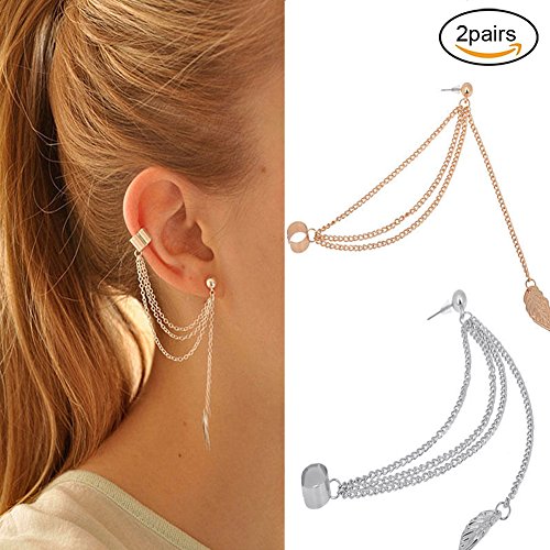 EQLEF Cadena Mujeres Chica con Estilo Punk Rock cuelga la Borla de la Hoja del oído deformación del Pun ¢ Pendiente de Plata y los Pendientes de Oro en joyería / 2 Pares