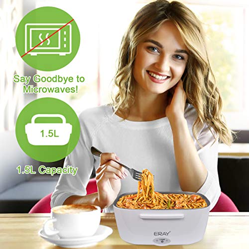 ERAY Fiambrera Eléctrica 220V 12V para Coche y Trabajo 40W 1,5L Recipiente Extraíble de Acero Inoxidable, 2 Compartimentos, Adecuado para Coche/Oficina/Escuela, Color Gris