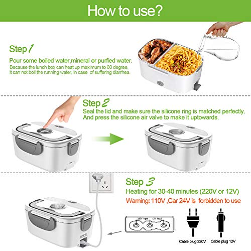 ERAY Fiambrera Eléctrica 220V 12V para Coche y Trabajo 40W 1,5L Recipiente Extraíble de Acero Inoxidable, 2 Compartimentos, Adecuado para Coche/Oficina/Escuela, Color Gris