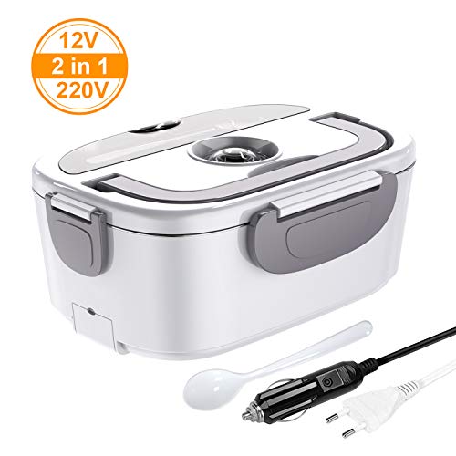 ERAY Fiambrera Eléctrica 220V 12V para Coche y Trabajo 40W 1,5L Recipiente Extraíble de Acero Inoxidable, 2 Compartimentos, Adecuado para Coche/Oficina/Escuela, Color Gris