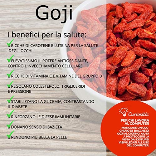 ERBOTECH Bayas de Goji 1 kg de alto contenido de vitaminas A, B1, B2, B6, C, E, frutos secos sin azúcar y azufre, superalimento rico en energía y natural, calidad premium, hecho en Italia