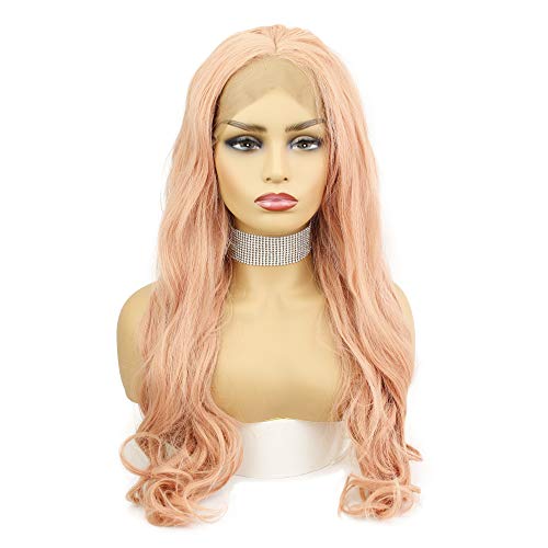 Eseewigs de color rosa pelucas delanteras del cordón del pelo sintético largo del pelo ondulado natural reemplazo de encaje peluca para las mujeres parte media 22 pulgadas