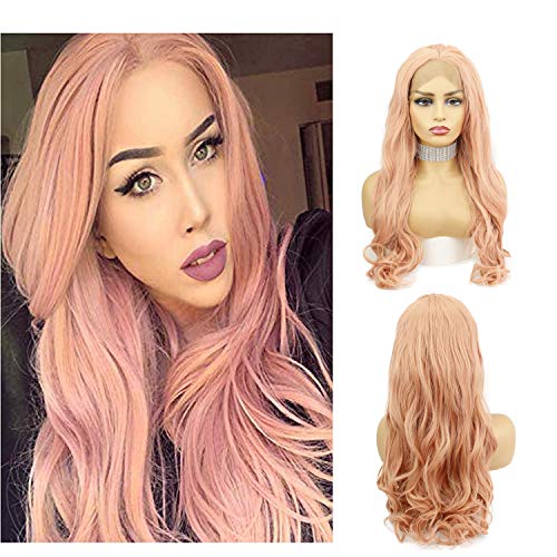Eseewigs de color rosa pelucas delanteras del cordón del pelo sintético largo del pelo ondulado natural reemplazo de encaje peluca para las mujeres parte media 22 pulgadas