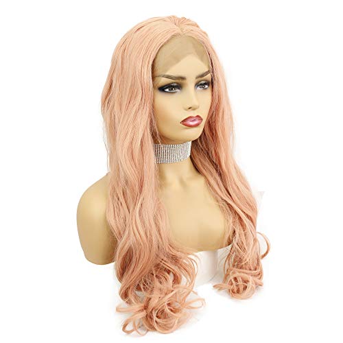 Eseewigs de color rosa pelucas delanteras del cordón del pelo sintético largo del pelo ondulado natural reemplazo de encaje peluca para las mujeres parte media 22 pulgadas