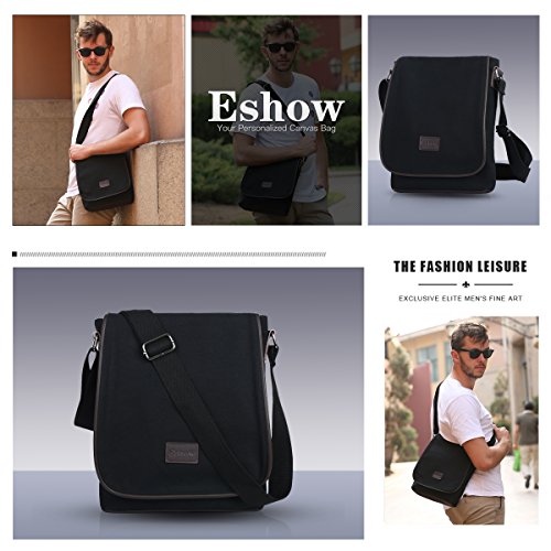 Eshow Bolsos Bandolera a Hombro para Hombres Tela de Lona Viaje Casual Oficina Negro