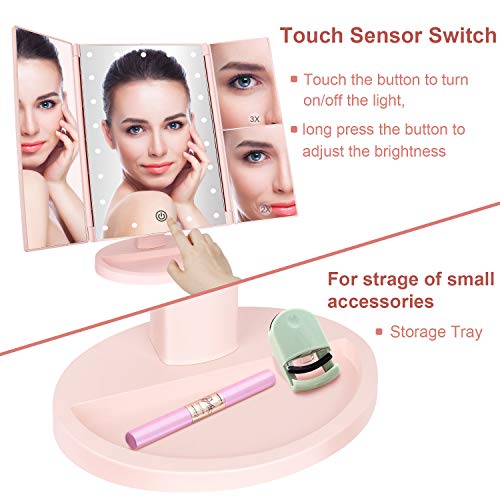 Espejo de Maquillaje con LED, Natural Iluminado Espejo de Mesa Luz con Ampliación 1X / 2X / 3X Plegable Espejo de la Vanidad Rotación 180° Pantalla Táctil Espejo Cosmético para Hombre y Mujer (Rosa)