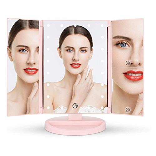 Espejo de Maquillaje con LED, Natural Iluminado Espejo de Mesa Luz con Ampliación 1X / 2X / 3X Plegable Espejo de la Vanidad Rotación 180° Pantalla Táctil Espejo Cosmético para Hombre y Mujer (Rosa)