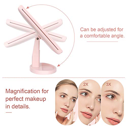 Espejo de Maquillaje con LED, Natural Iluminado Espejo de Mesa Luz con Ampliación 1X / 2X / 3X Plegable Espejo de la Vanidad Rotación 180° Pantalla Táctil Espejo Cosmético para Hombre y Mujer (Rosa)