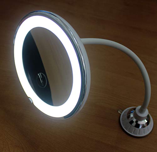 Espejo de Maquillaje de Cuello de Cisne Redondo con Luz LED, Aumento 10X, con Ventosa de Sujeción, Flexible y Ajustable 360˚, Blanco