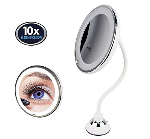 Espejo de Maquillaje de Cuello de Cisne Redondo con Luz LED, Aumento 10X, con Ventosa de Sujeción, Flexible y Ajustable 360˚, Blanco