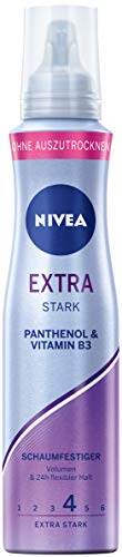Espuma Nivea extra fuerte (150 ml), espuma para el cabello con pantenol y vitamina B3, espuma de volumen fiable para peinados con 24 horas de sujeción.