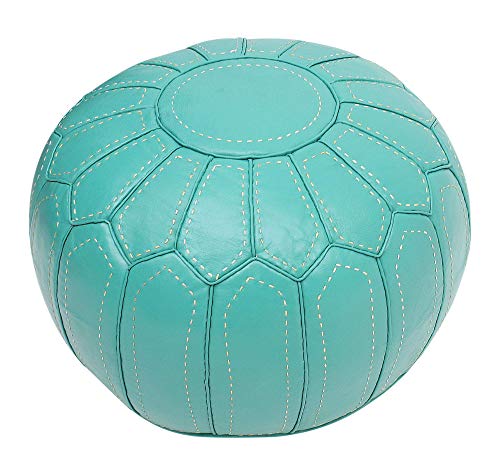 ESSENCE OF MOROCCO Puf Marroquí Cuero Real Reposapiés Puff Pouf Otomano Hecho Cosido a Mano Color Azúl Turquesa (SIN Relleno)