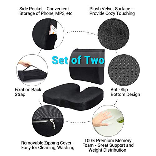 Essort Cojín de Asiento, Respaldo Lumbar y Asiento Cusion en Forma de U con Espuma de Memoria para Respaldo Lumbar, Dolor de Alivio, para Silla de Oficina, sofá, con Funda Lavable, Negro