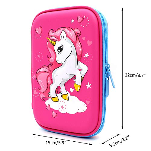 Estuche con diseño de unicornio volador en relieve, caja de suministros para la escuela grande con compartimentos, bolsa para lápices de papelería para niñas y niños, color hot pink