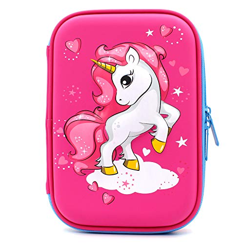 Estuche con diseño de unicornio volador en relieve, caja de suministros para la escuela grande con compartimentos, bolsa para lápices de papelería para niñas y niños, color hot pink