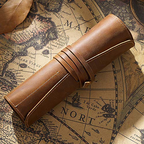 Estuche de Cuero Escolar para lápices, Estuche para lápices para niñas, niños, Estuche para bolígrafos, Caja de Cartuchos Redondos, Kit de papelería,   Cuero de Vaca múltiple, marrón