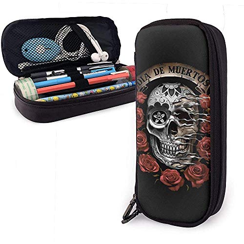 Estuche de lápices de cuero Calaveras Rosas de gran capacidad, bolsa de almacenamiento multifunción con cremallera, papelería para estudiantes, regalo de oficina