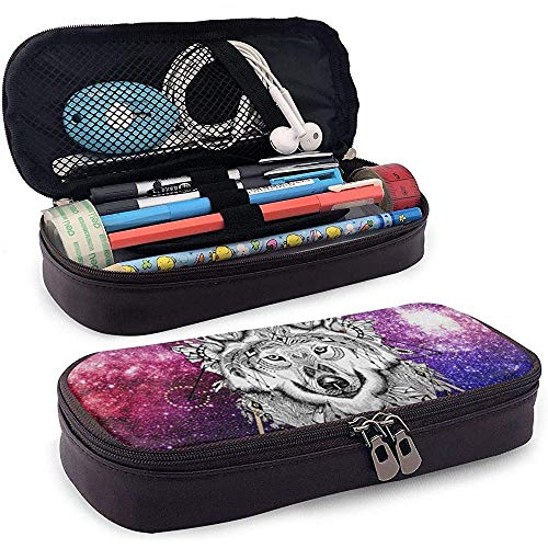 Estuche de piel sintética con diseño de lobo en estilo azteca