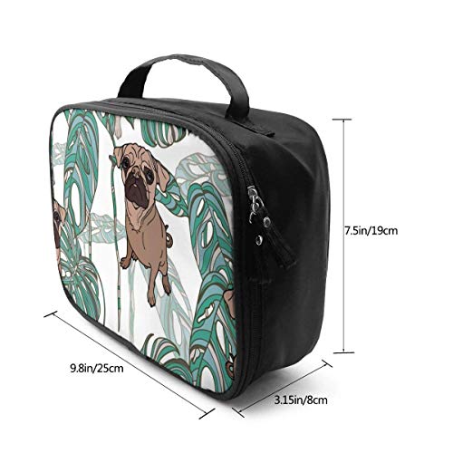 Estuche organizador de maquillaje con hojas tropicales y carlino para viajes, maquillaje o cosméticos, bolsa de almacenamiento portátil para cosméticos, brochas de maquillaje, accesorios digitales