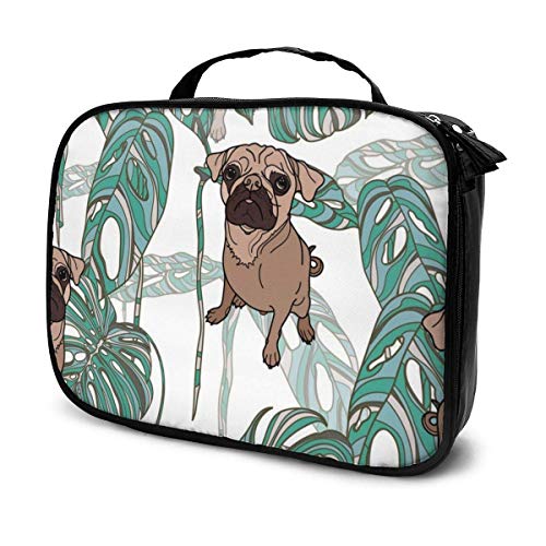 Estuche organizador de maquillaje con hojas tropicales y carlino para viajes, maquillaje o cosméticos, bolsa de almacenamiento portátil para cosméticos, brochas de maquillaje, accesorios digitales