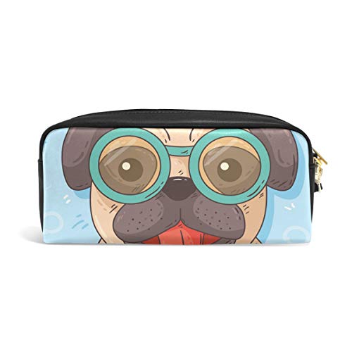 Estuche para lápices con diseño de carlino y gafas, gran capacidad, con doble cremallera duradera para la oficina escolar, estuche para lápices y cosméticos