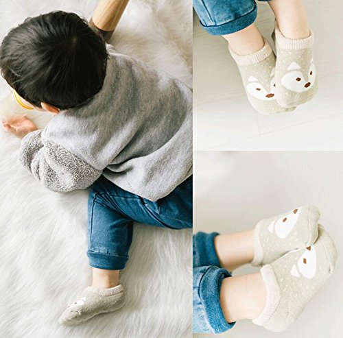Estwell 5 Pares Calcetines Antideslizantes para Bebé Niños Infantil Niños Niñas Algodón Calentar Lindo Zorro Calcetines