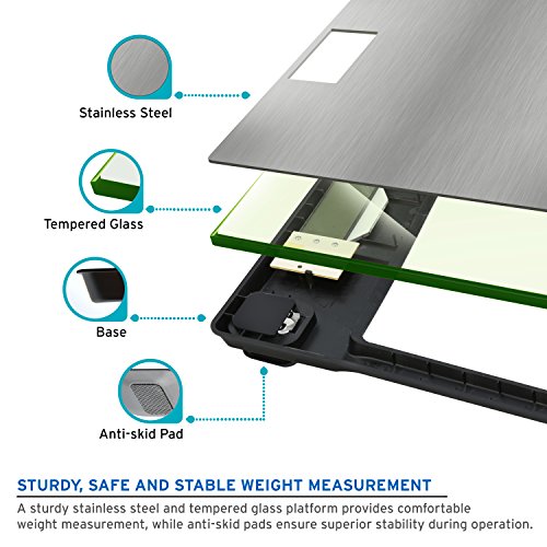 Etekcity Báscula de Baño Digital (180 kg/400 lb) de Acero Inoxidable, Cristal de Seguridad Endurecido, Pantalla LCD Transparente, Plateado