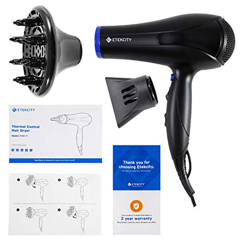 Etekcity Secador Pelo Profesional Iónico 2300W AC con Difusor y Concentrador, 3 Temperaturas y 2 Velocidades Ajustables, Botón de Frío, 2 Metros de Cable, Negro