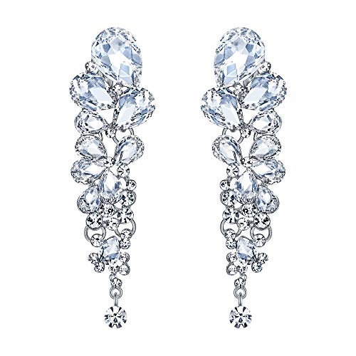 EVER FAITH Mujer Cristal Elegante Gota de Agua Cierre de Clip Pendientes Claro Tono Plateado