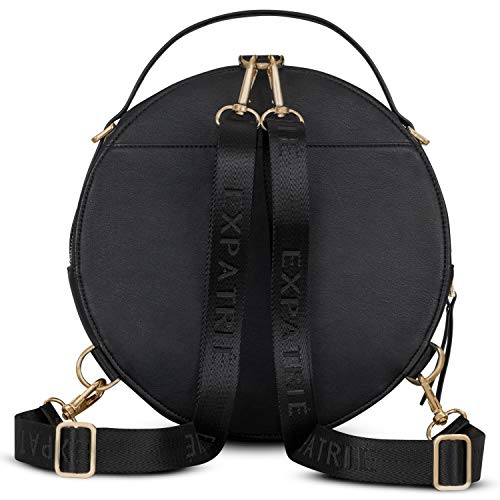 Expatrié Mochila Mujer Pequeña Negra Chloé Mochilas Bandolera de Cuero Vegano - Bolsos Redondo de Piel PU - Bolsa de Hombro y Mochila en Uno - Bolso de Mano con Correas Ajustables y Extraíbles