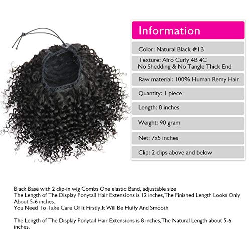 Extensiones de cabello Afro Kinky Curly Ponytail Cabello humano para mujeres negras 8 pulgadas Clip en cierre superior Pieza de cabello con cordón de cola de caballo Negro natural 90 gramos