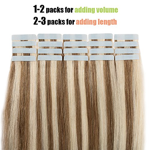 Extensiones de Cabello Natural Adhesivas Negro 18"/45CM [ 2.5g * 20 Unidades ] [ #12/613 Castaño Dorado/Blanqueador Rubio ] Tape in Human Hair 100% Pelo Humano