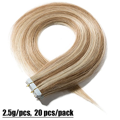 Extensiones de Cabello Natural Adhesivas Negro 18"/45CM [ 2.5g * 20 Unidades ] [ #12/613 Castaño Dorado/Blanqueador Rubio ] Tape in Human Hair 100% Pelo Humano