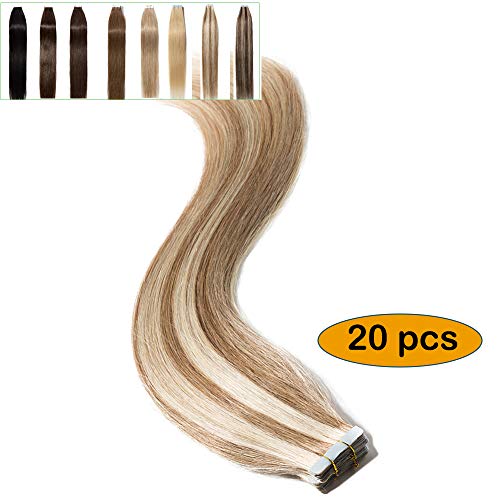 Extensiones de Cabello Natural Adhesivas Negro 18"/45CM [ 2.5g * 20 Unidades ] [ #12/613 Castaño Dorado/Blanqueador Rubio ] Tape in Human Hair 100% Pelo Humano