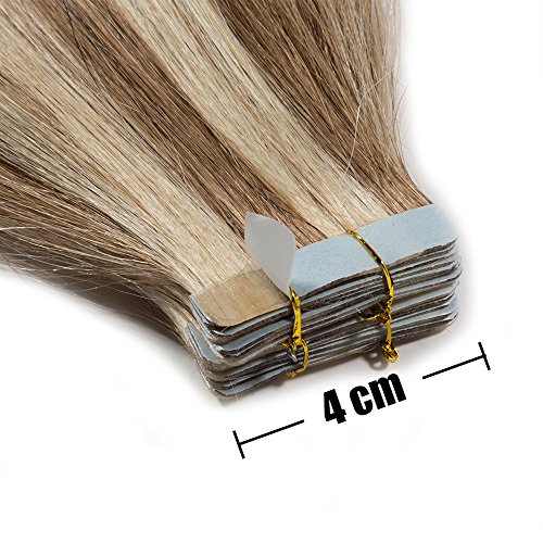 Extensiones de Cabello Natural Adhesivas Negro 18"/45CM [ 2.5g * 20 Unidades ] [ #12/613 Castaño Dorado/Blanqueador Rubio ] Tape in Human Hair 100% Pelo Humano