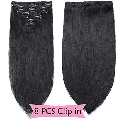 Extensiones de Cabello Natural Clip Double Weft(Muy Gruesas) Pelo Natural Humano 100% Remy 8 Piezas 18 Clips Lisas #1 Negro Intenso 20"(50cm,150g)